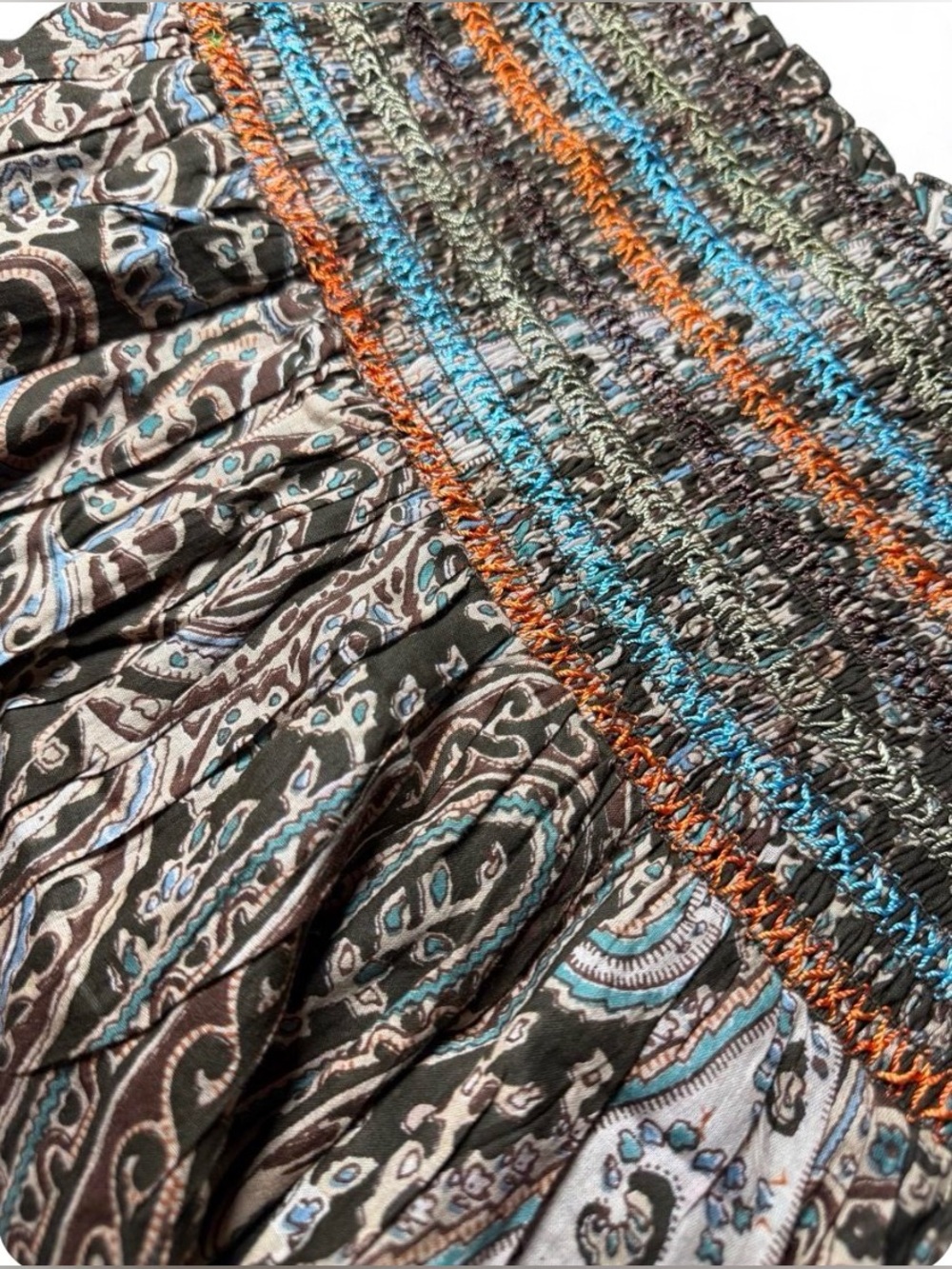 Y2K Paisley Boho Midi Skirt Brown Blue Orange Smocked Dress Western Festival - M - Picture 7 of 8